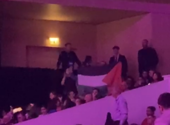 Un militant, entouré par des vigiles, déploie le drapeau palestinien.