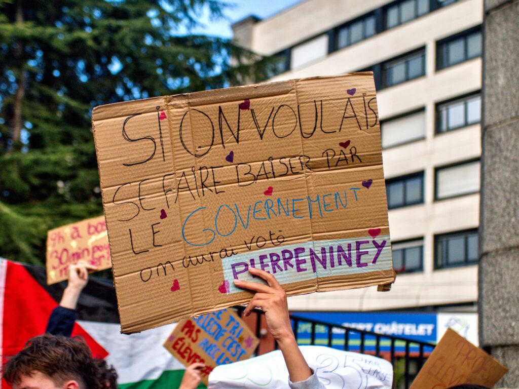 Pancarte "SI on voulais se faire baiser par le governement, on aurai voté Pierre Niney"